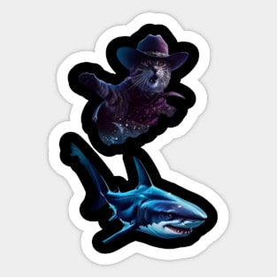 Meow's Aquatic Adventure cat riding shark Sticker